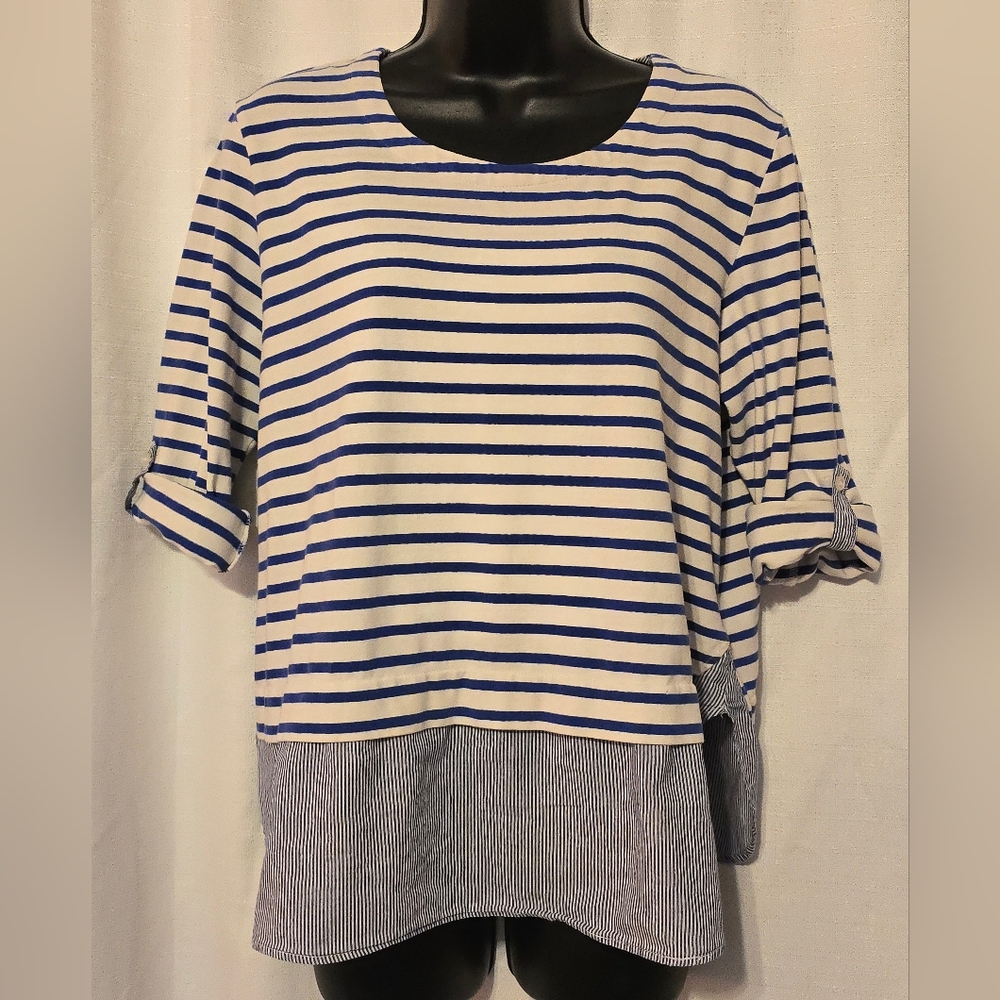 Anthropologie Lili's Closet Blue and White Striped Nautucal Blouse Size M Coast - Picture 2 of 7